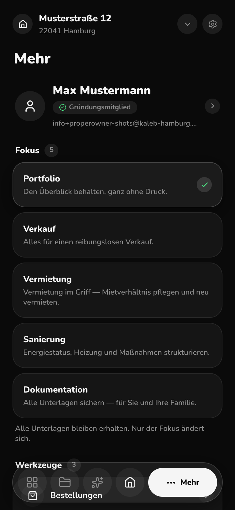 Fokus-Modi inklusive Vermietung